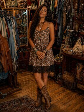 L&B Leopard Print Camisole Slip Dress in Beige and Black